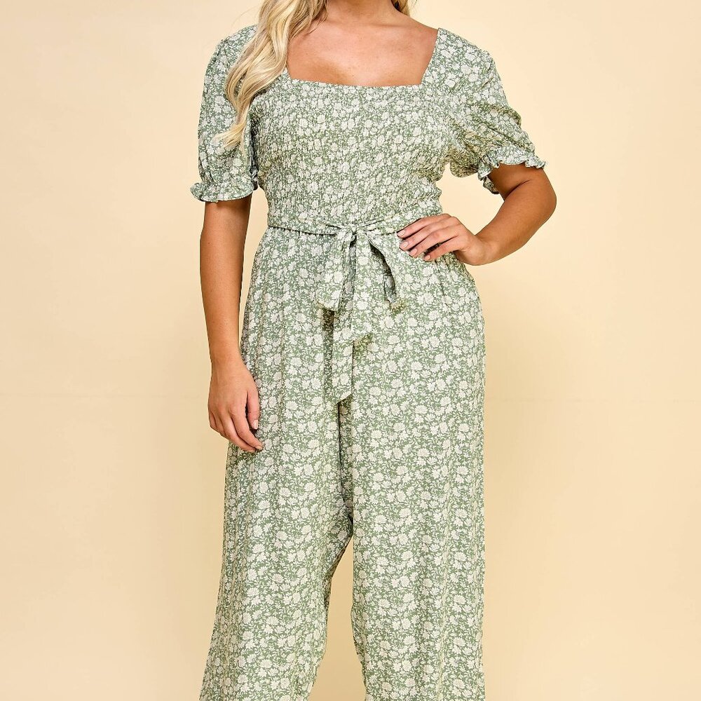 NWT AS U WISH Plus Size Jumpsuit Sage with Cream Flowers Belted Plus Size 1X